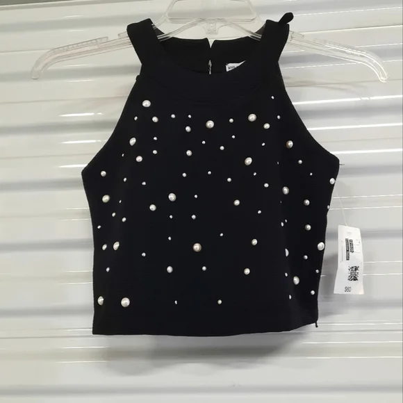 Knit Works Top Girl's Size 10 Black Beaded Sleeveless Cropped Stretch Blouse - Picture 1 of 8